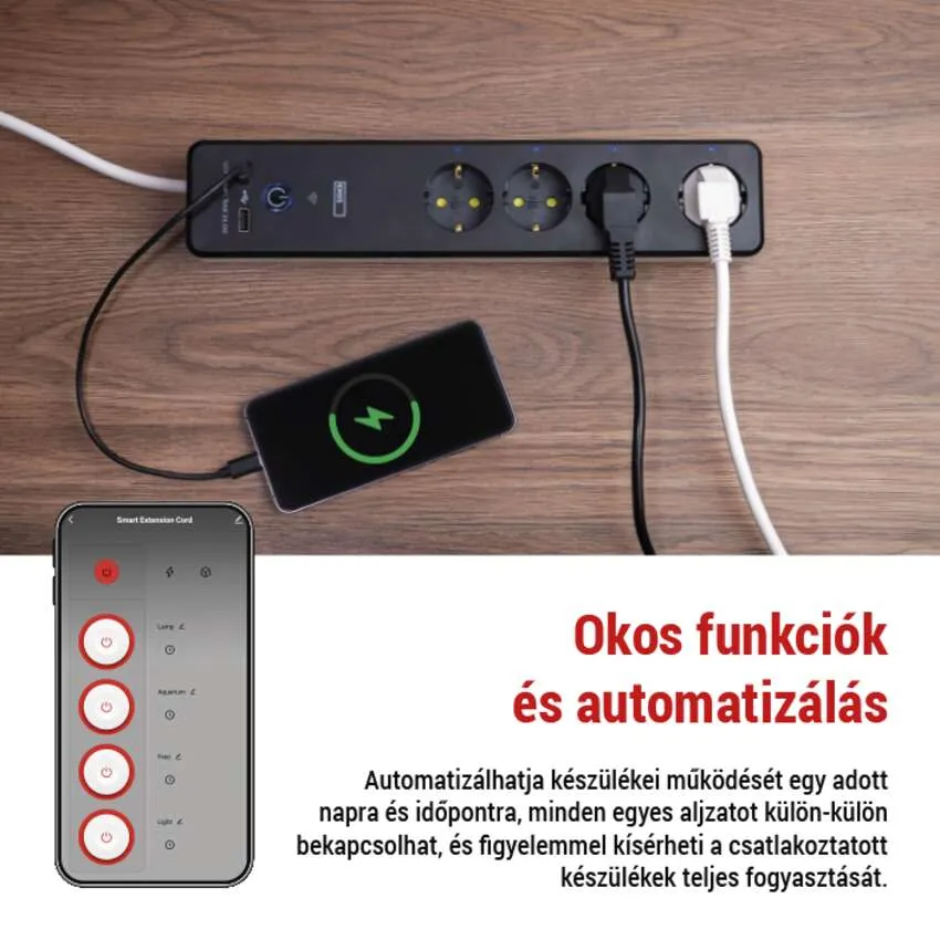Fekete elosztó töltött telefonnal és kábelekkel, fa felületen.