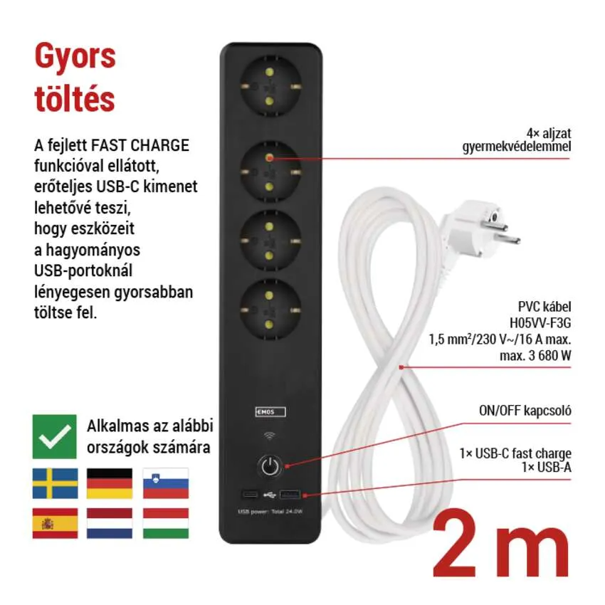 Fekete elosztó 4 aljzattal, 1x USB-C, 1x USB-A, 2m kábel.