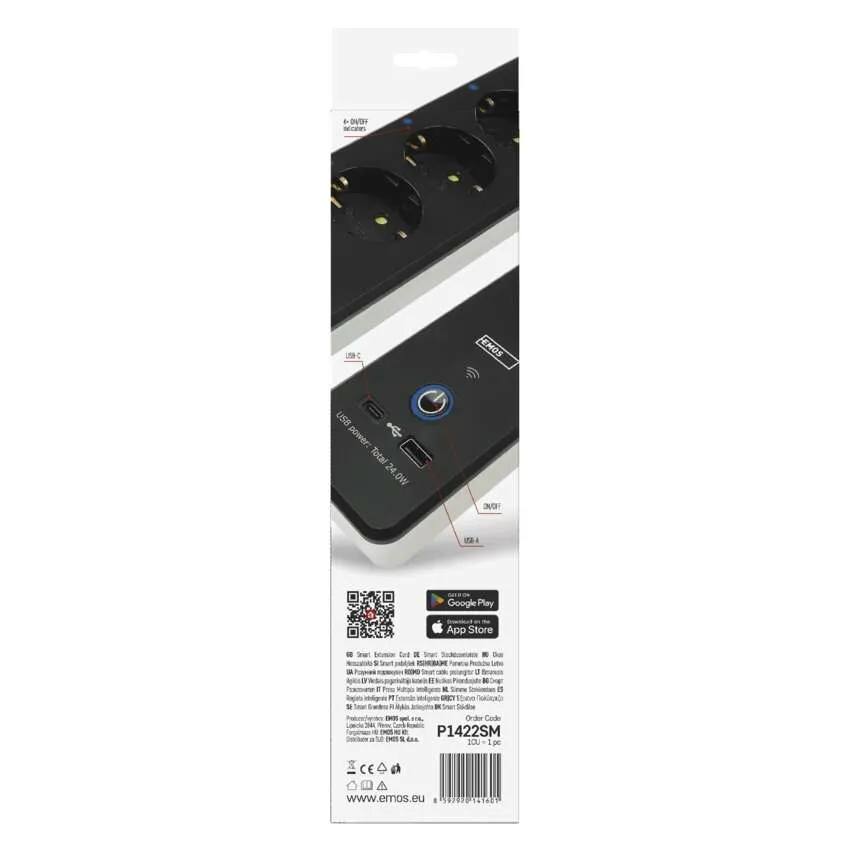 Fekete elosztó USB portokkal és KI/BE kapcsolóval. Teljes USB teljesítmény 24W.
