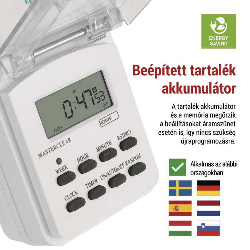 Fehér digitális időzítő beépített akkumulátorral és gombokkal.