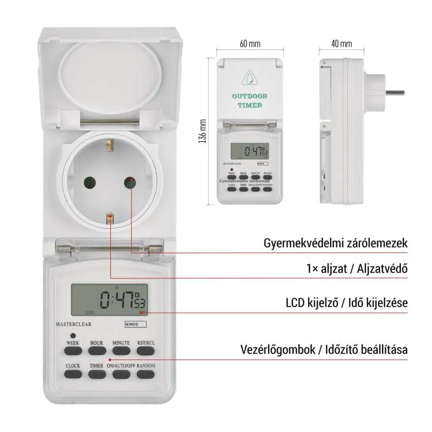 Fehér kültéri időzítő konnektorral, LCD kijelzővel és gombokkal.