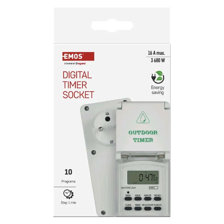 Fehér digitális időzítő aljzat LCD kijelzővel, 10 programmal, 16 A.