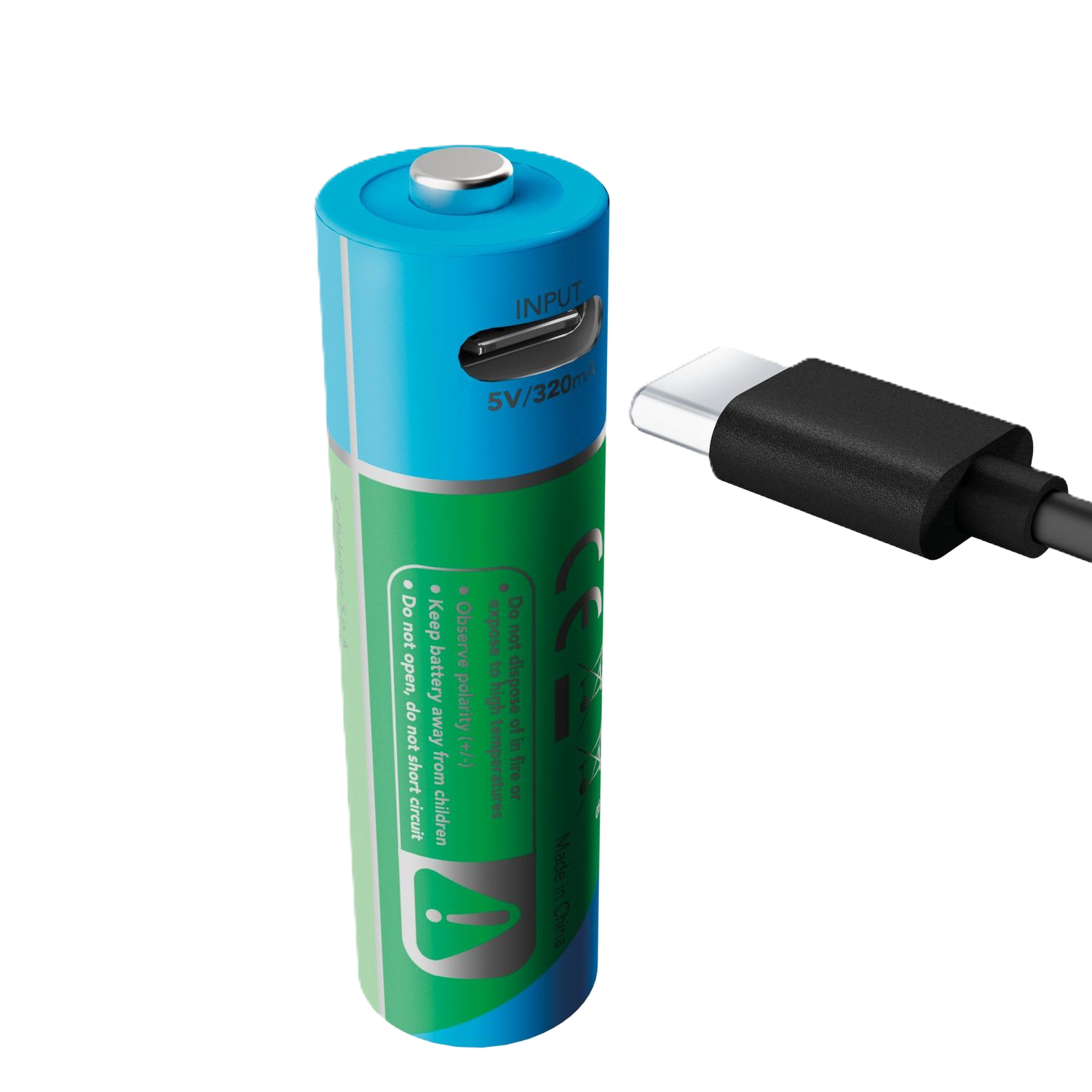 Una batería azul y verde con un cable USB-C enchufado en su puerto de entrada.
