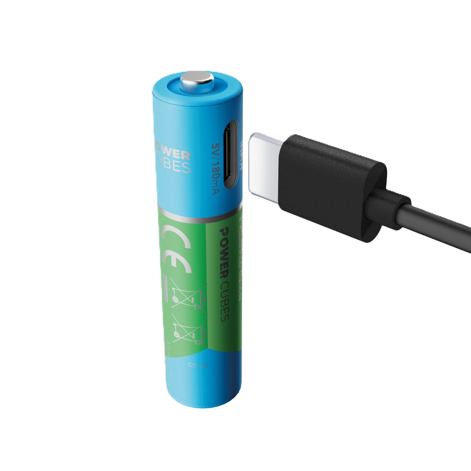 Una batería azul junto a un cable USB-C.