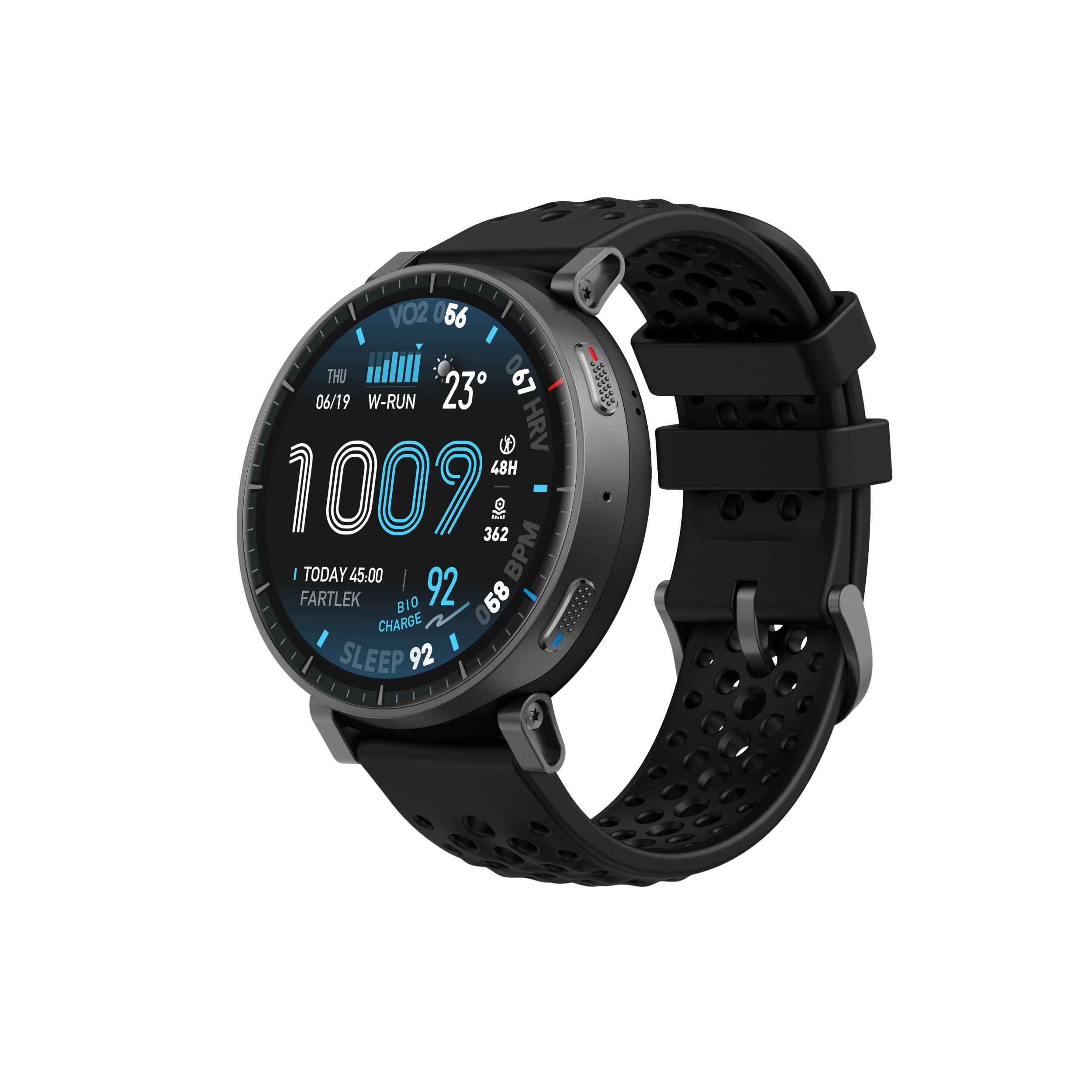 Eine schwarze Smartwatch mit einem runden, dunklen Display, das Daten wie Zeit und Herzfrequenz anzeigt.