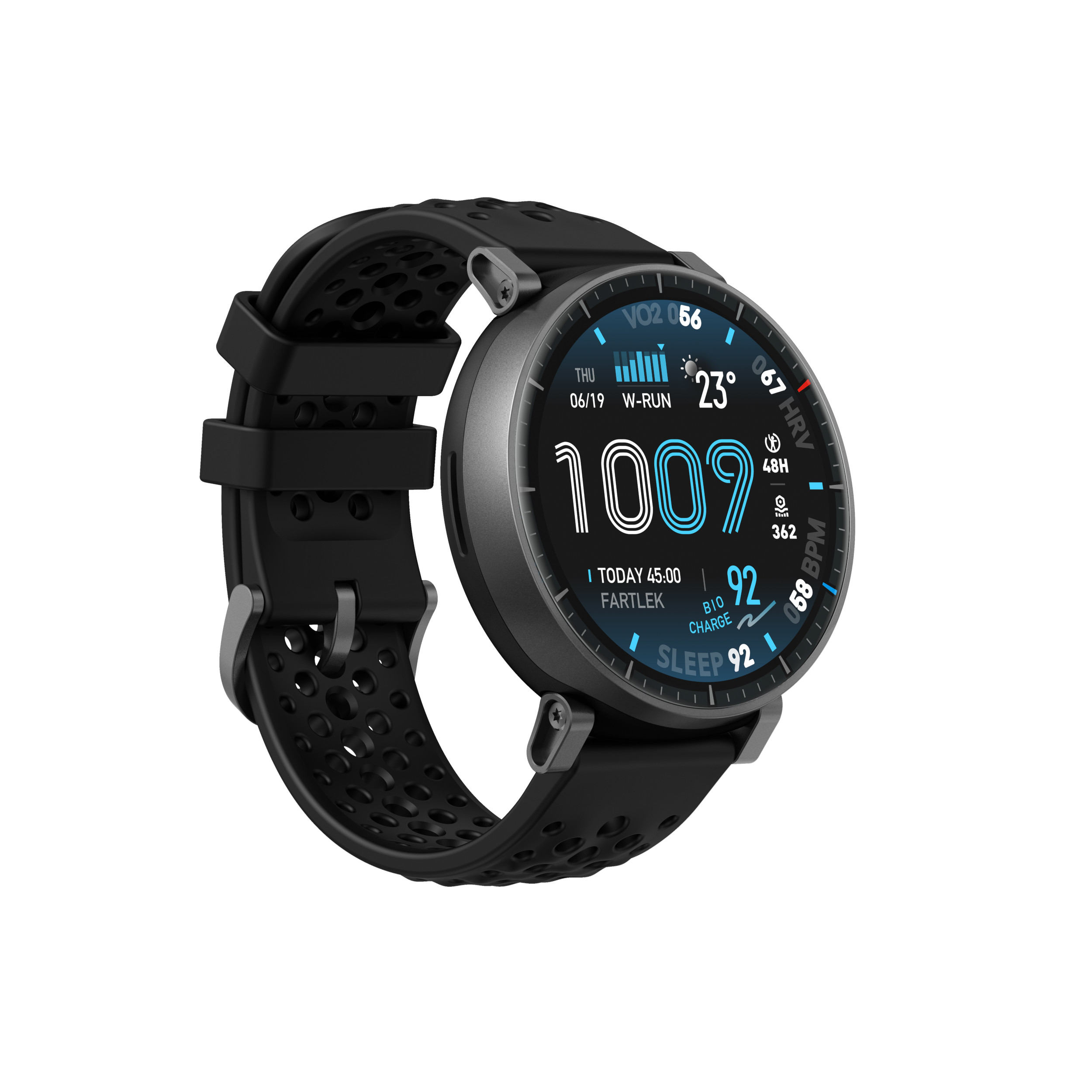 Eine schwarze Smartwatch mit silbernem Rand und einem Display mit Trainingsdaten.