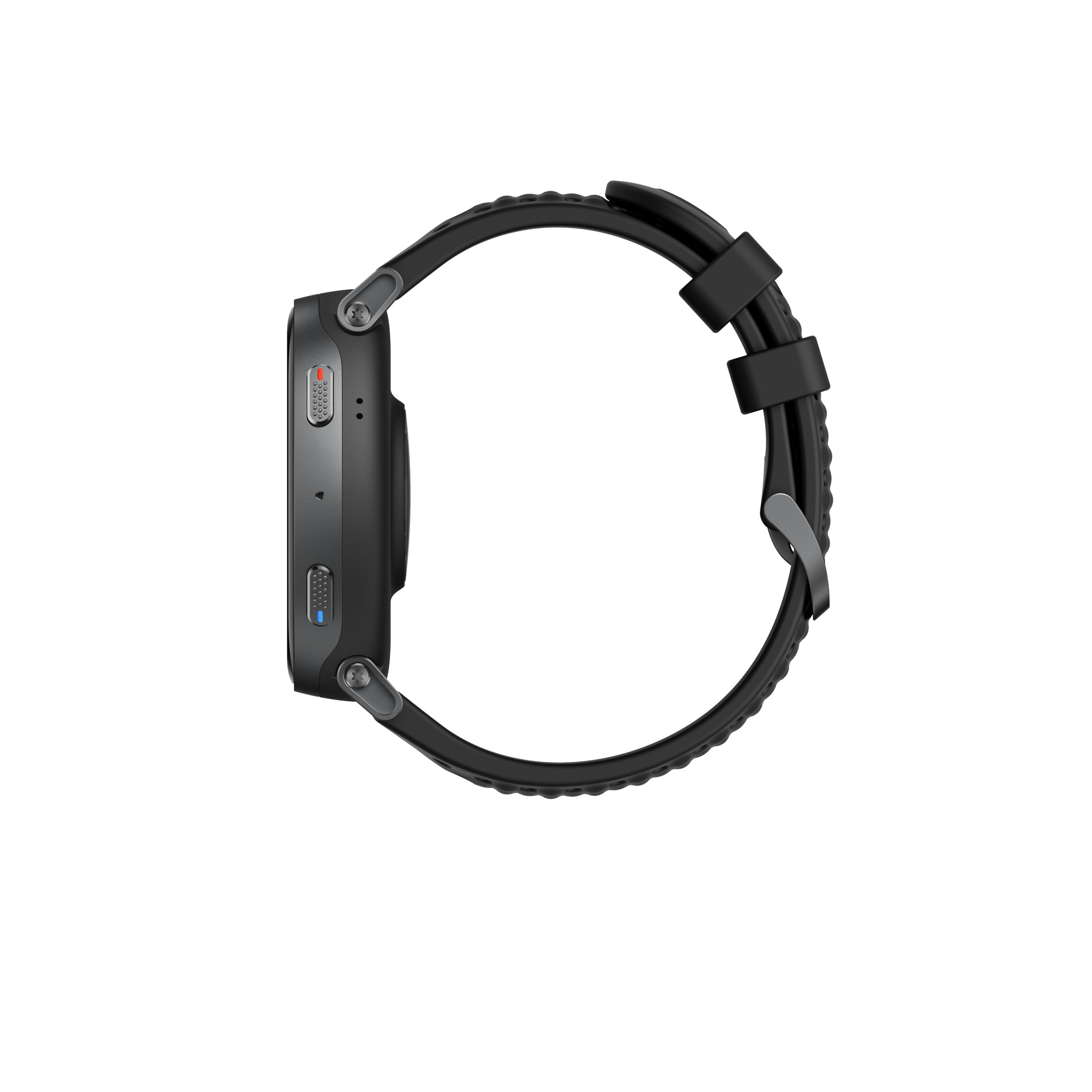 Schwarze Smartwatch mit silbergrauen Knöpfen und einem Armband.