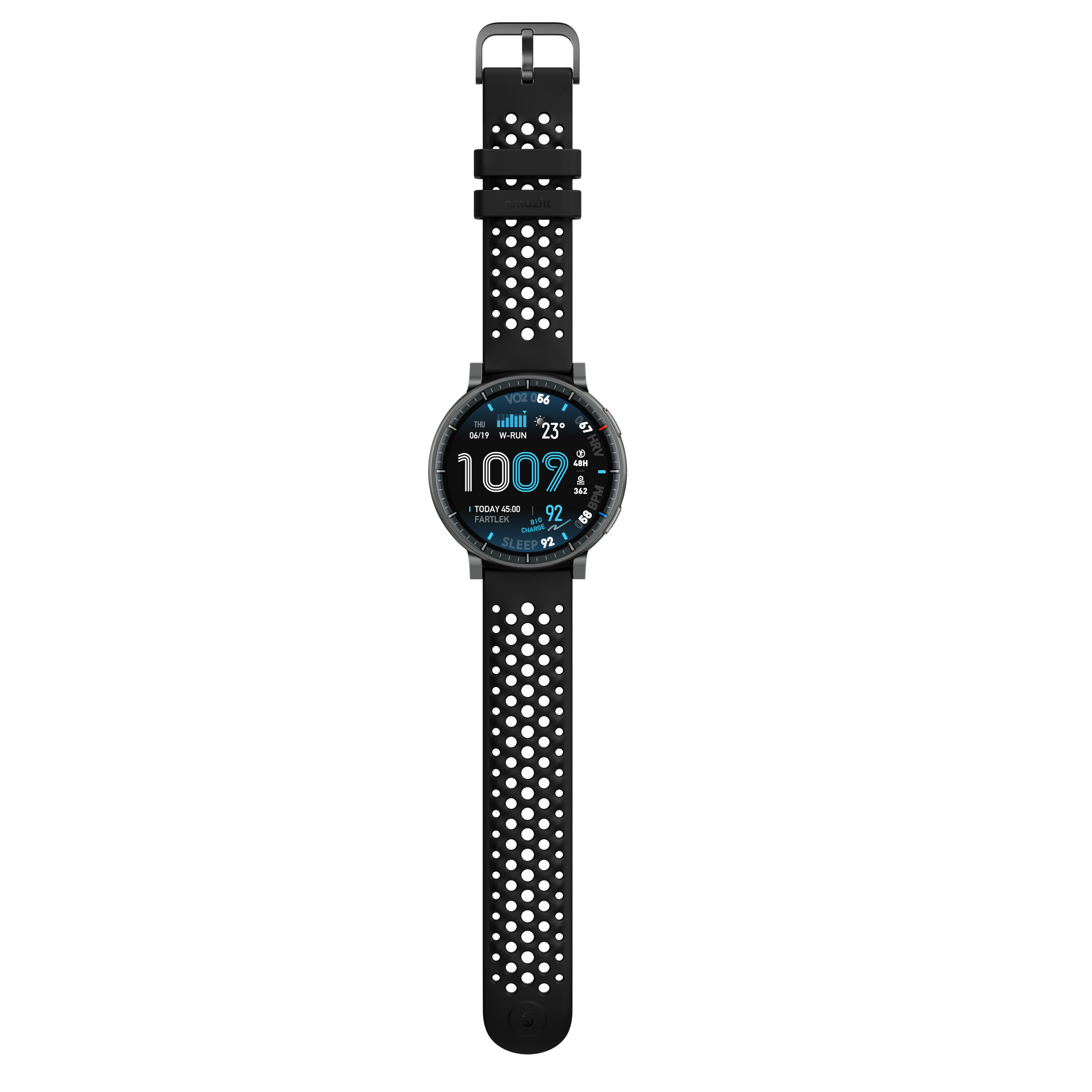 Schwarze Amazfit-Smartwatch mit perforiertem Armband, zeigt Datum, Temperatur, Schritte, Herzfrequenz und Schlafdaten.
