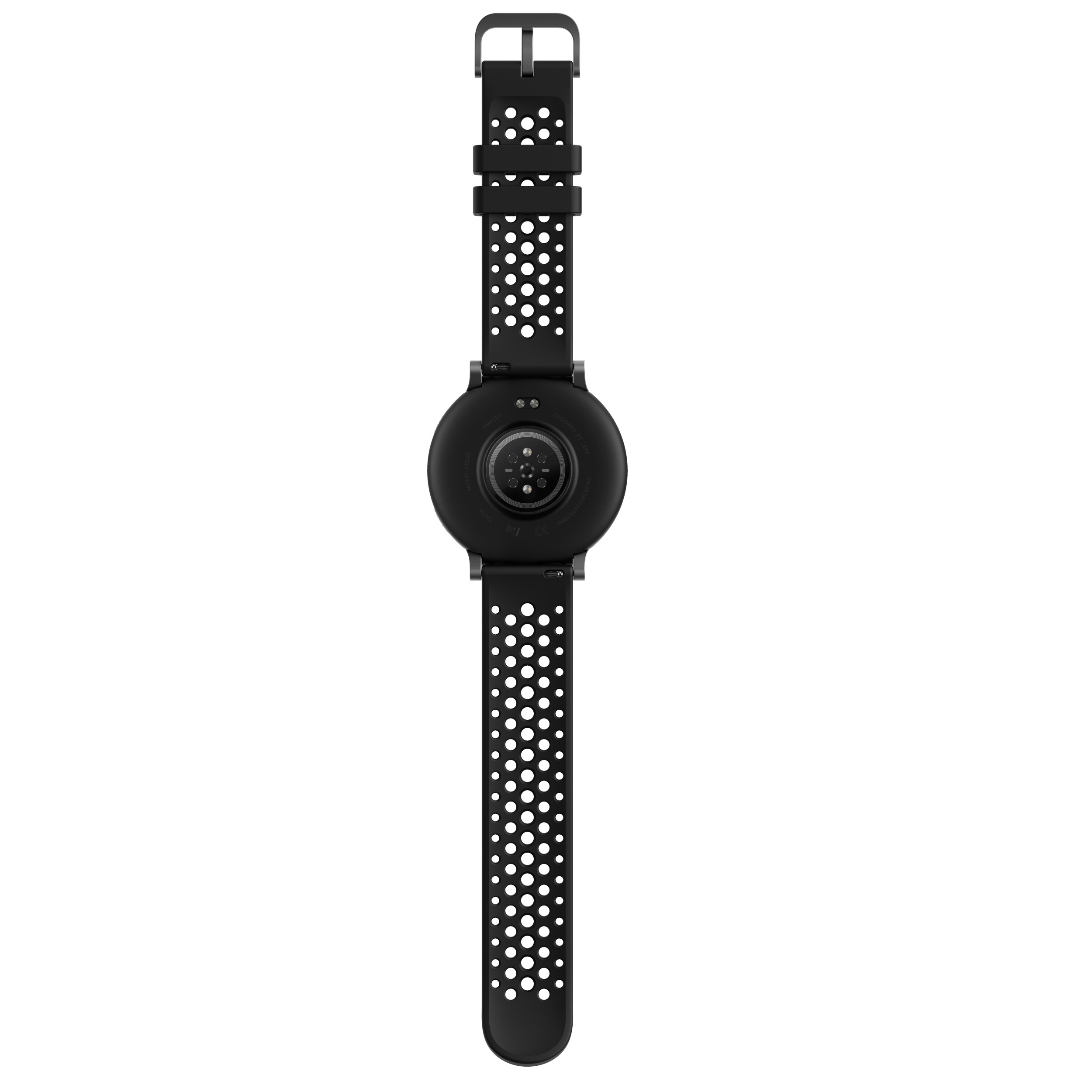 Schwarze Smartwatch mit rundem Zifferblatt und perforiertem Armband.