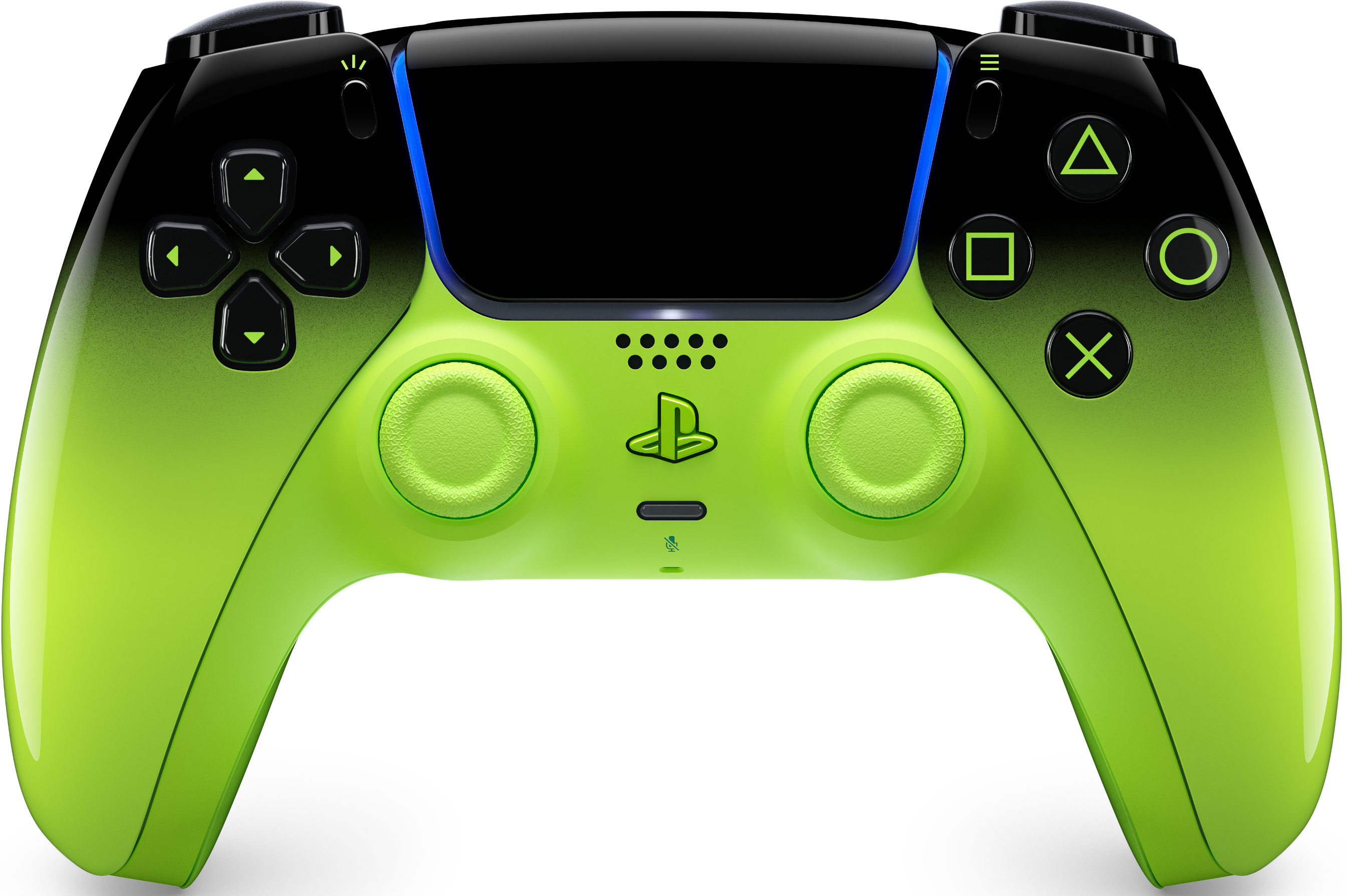 Ein schwarz-grüner Controller mit leuchtenden Symbolen und Joysticks.