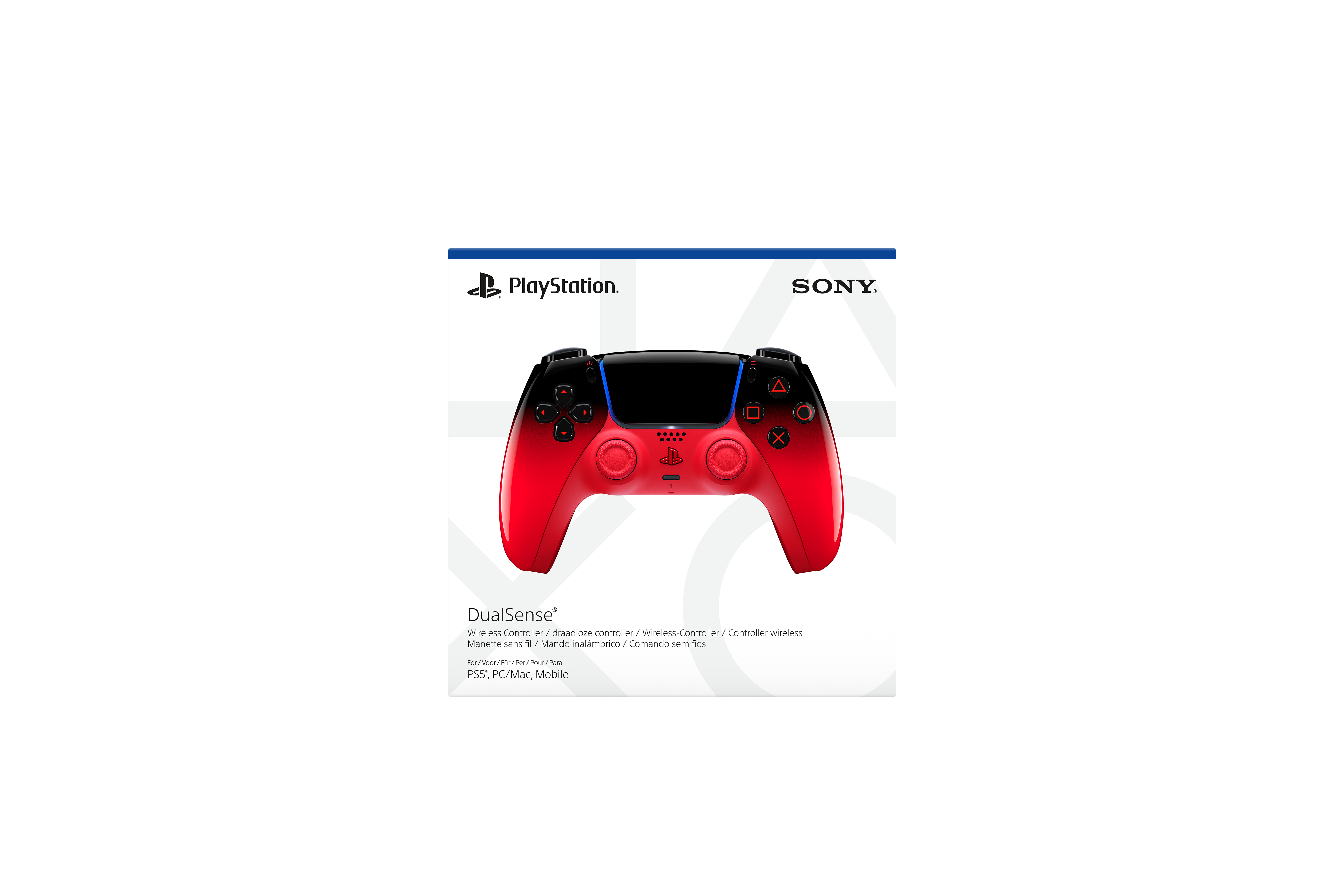 Rote und schwarze PlayStation DualSense-Controller-Verpackung.