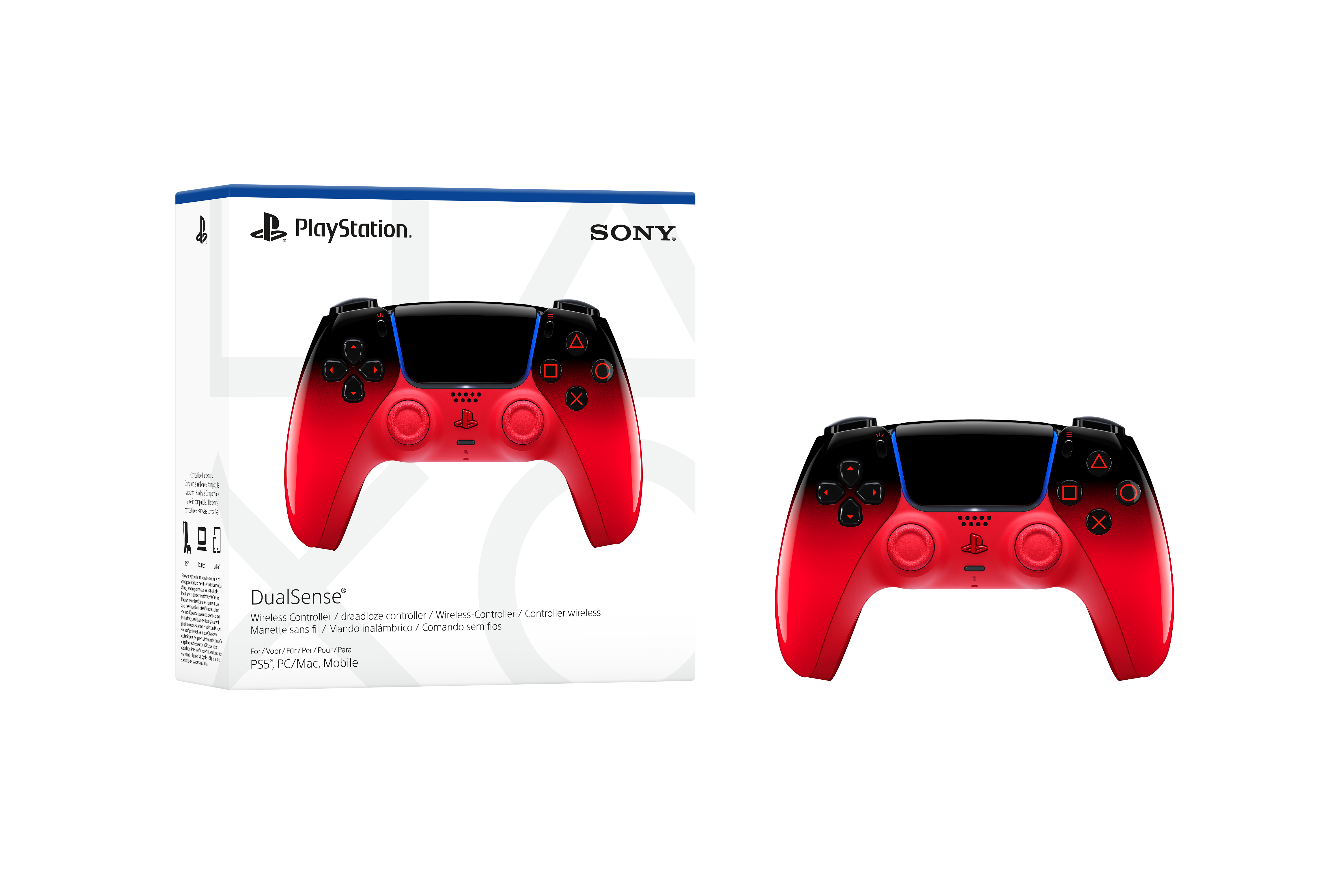 Rote und schwarze PlayStation DualSense-Controller-Verpackung mit Controller.