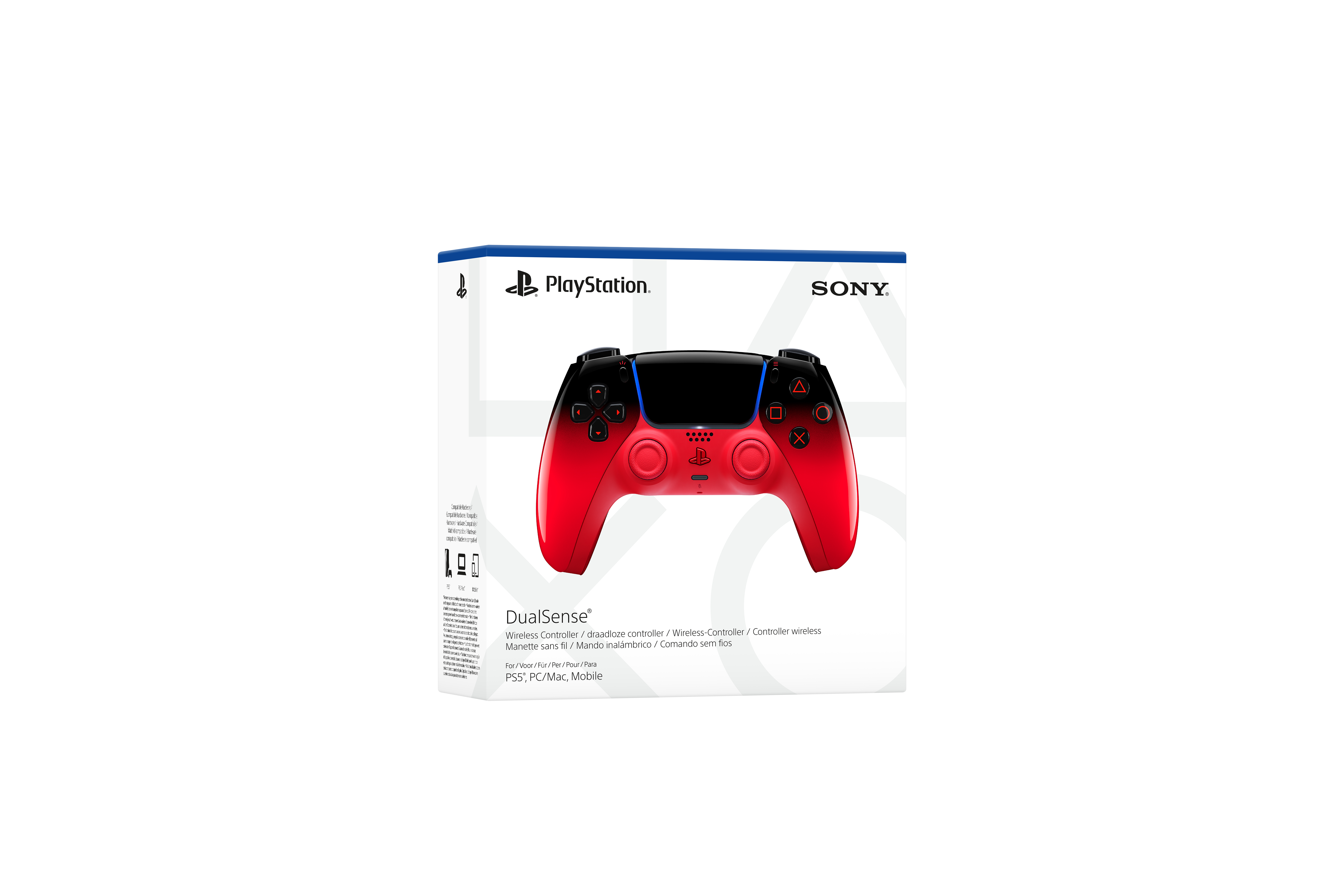 Rot-schwarzer DualSense-Wireless-Controller auf seiner Verpackung mit PlayStation- und Sony-Logos.