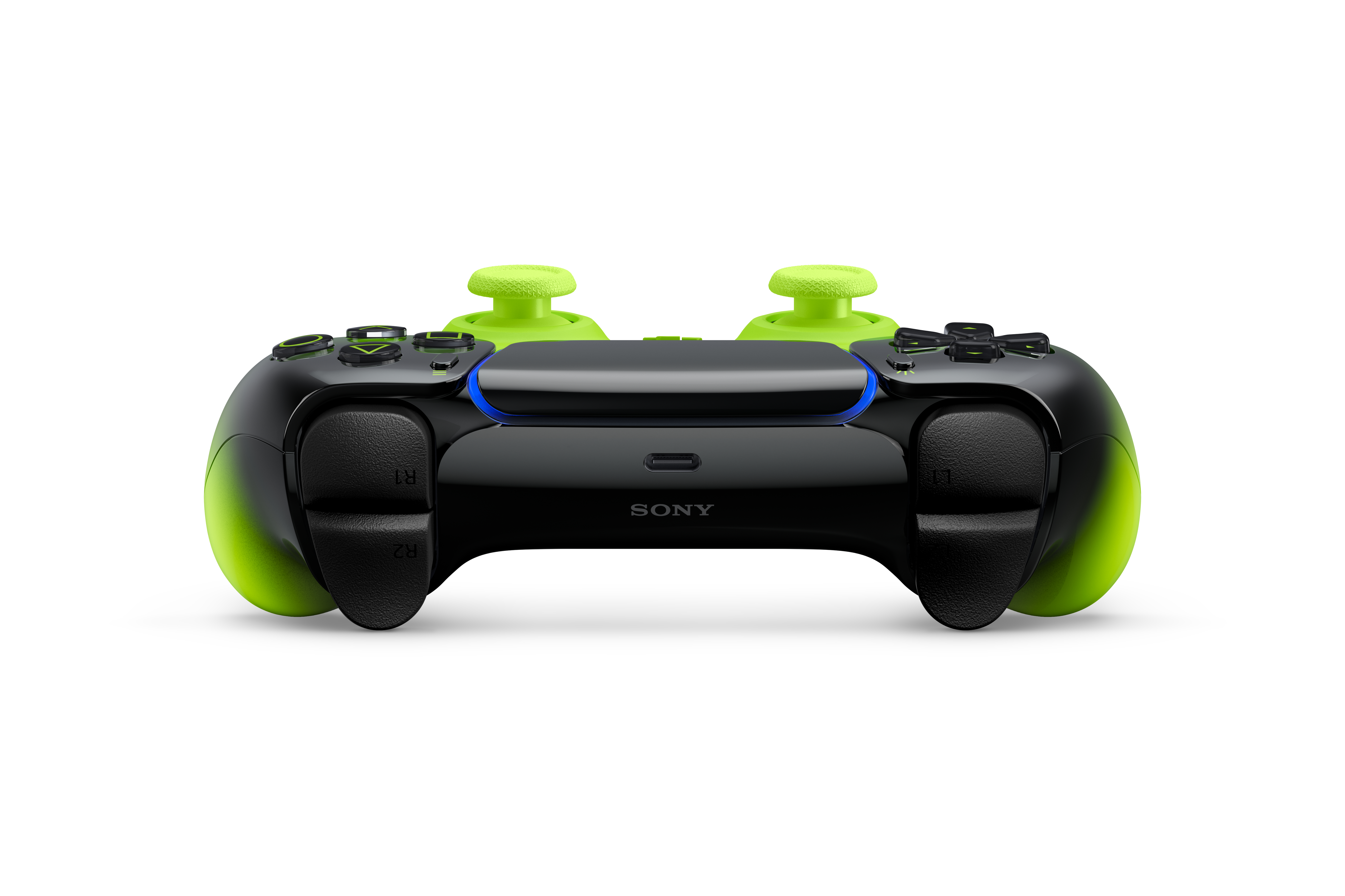 Schwarzer Controller mit leuchtend grünen Akzenten und blauer Beleuchtung.