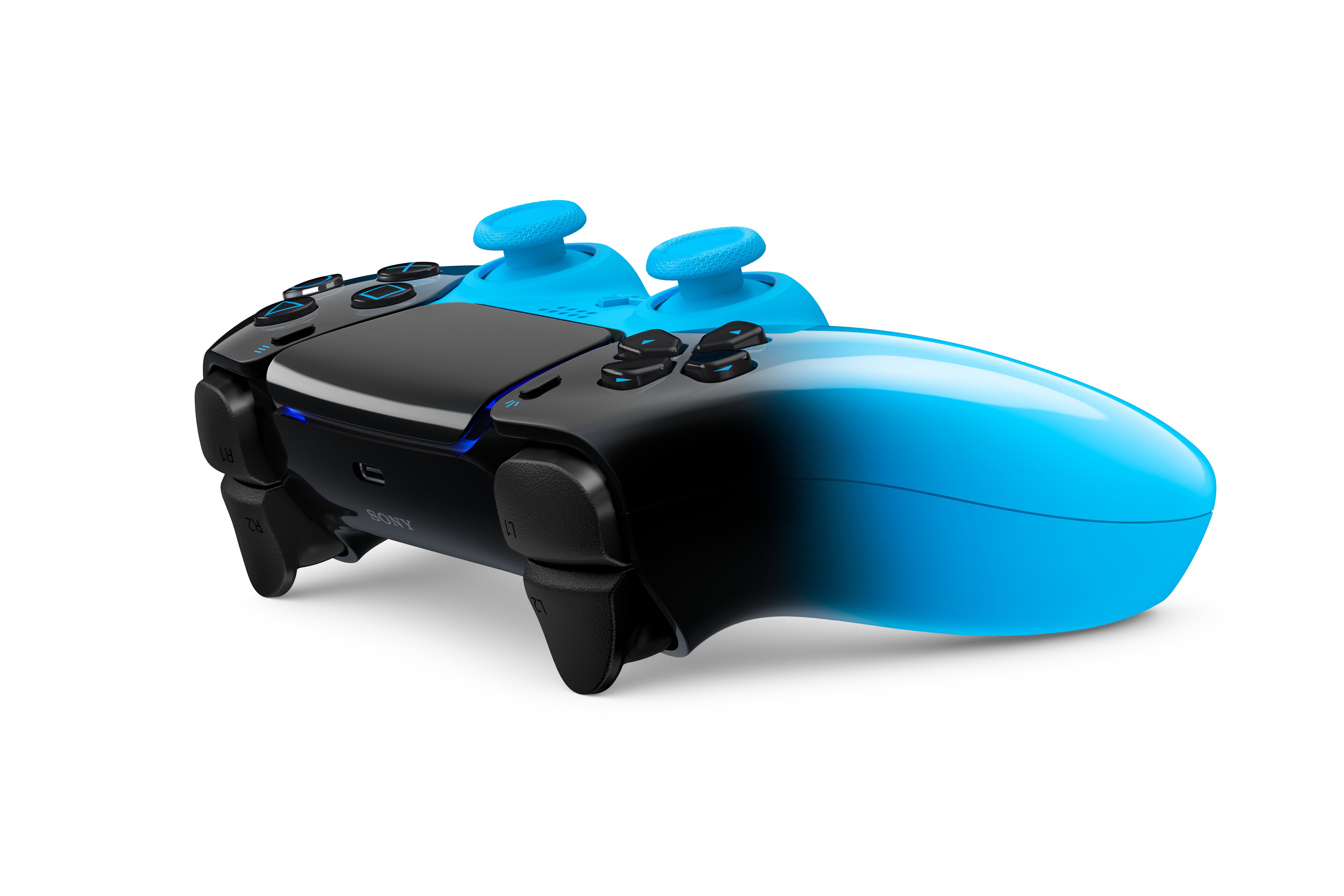 Schwarzer und blauer Gamecontroller mit zwei Joysticks und Tasten.