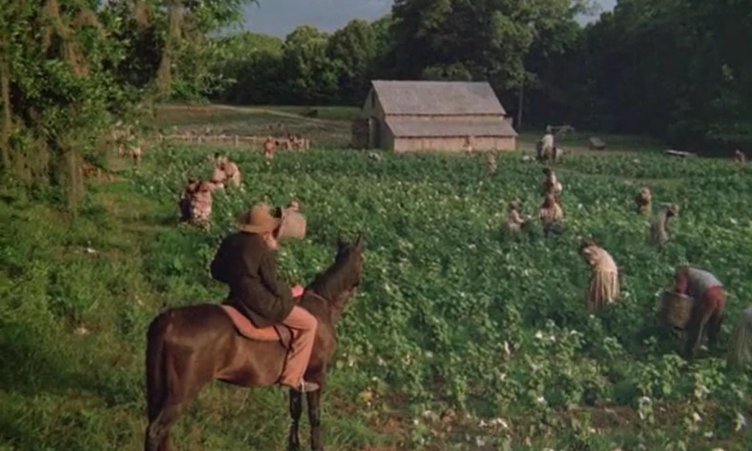 Ein Mann zu Pferd beobachtet Feldarbeiter auf einem Feld mit einer Scheune im Hintergrund.