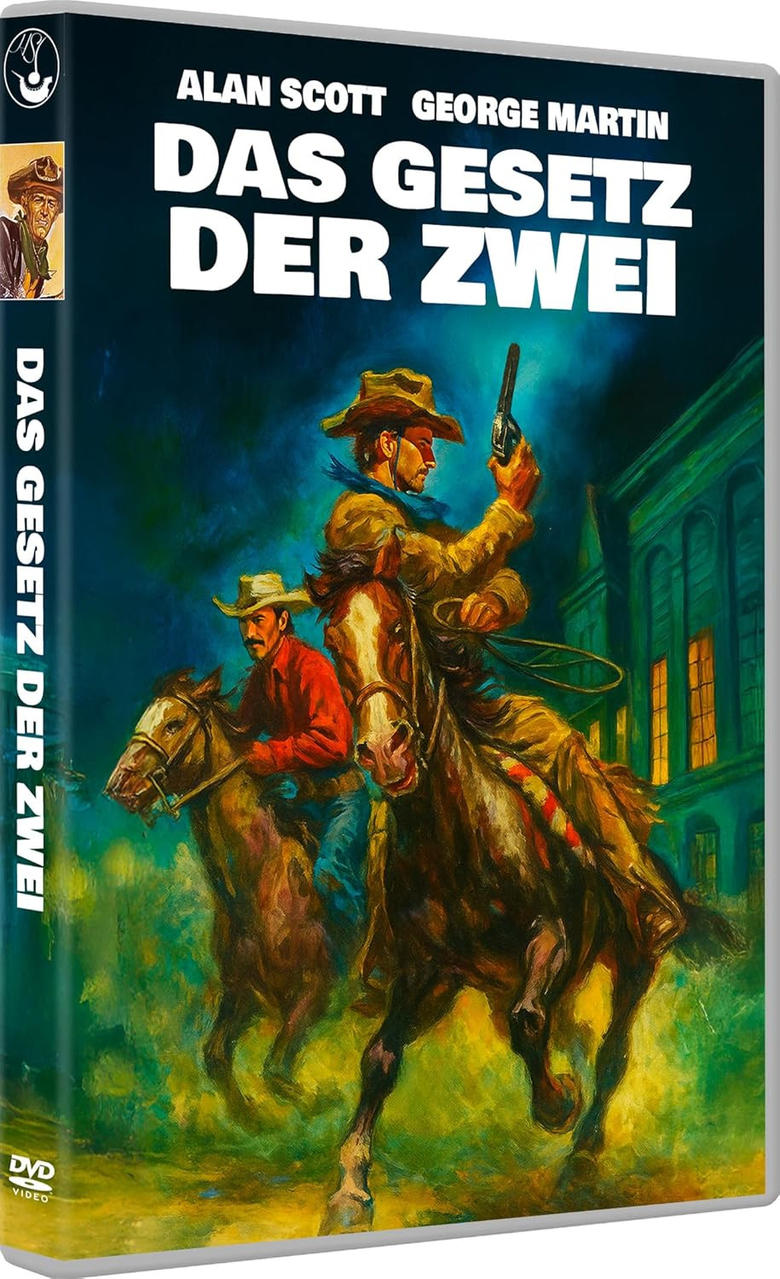 Zwei Cowboys auf Pferden, einer hebt eine Pistole. Filmplakat.