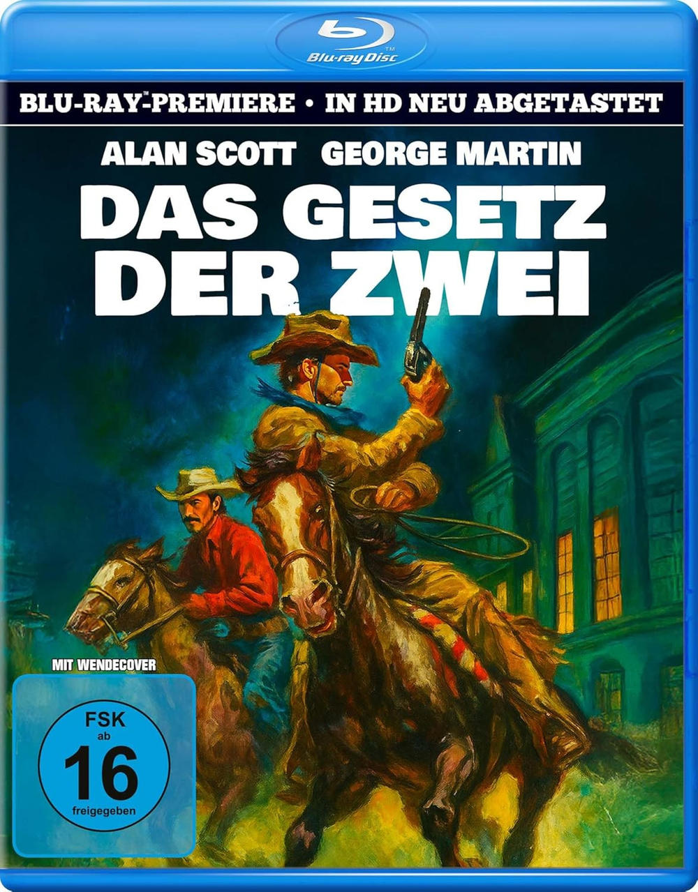 Zwei Cowboys auf Pferden, einer hebt eine Pistole. Blu-ray Cover.