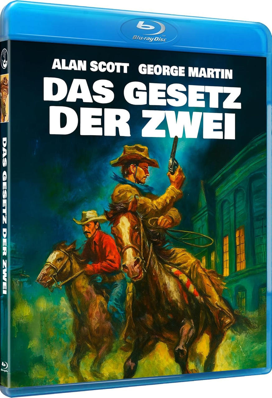 Zwei Cowboys auf Pferden reiten, einer zieht eine Waffe. Der Titel "DAS GESETZ DER ZWEI" ist oben.