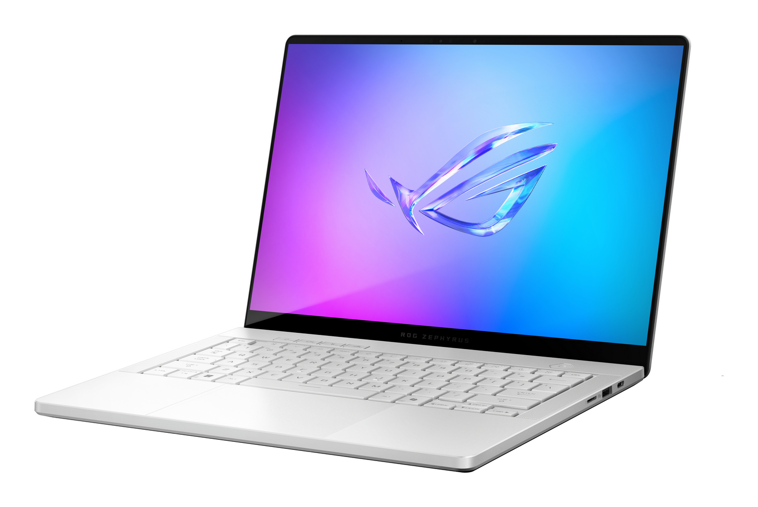 Un portátil blanco con el logo de ROG Zephyrus en la pantalla.