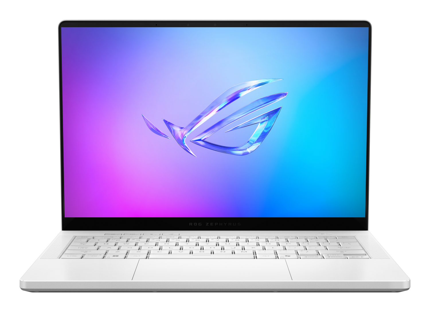 Un portátil blanco con el logo de ROG en pantalla degradada azul y morada.