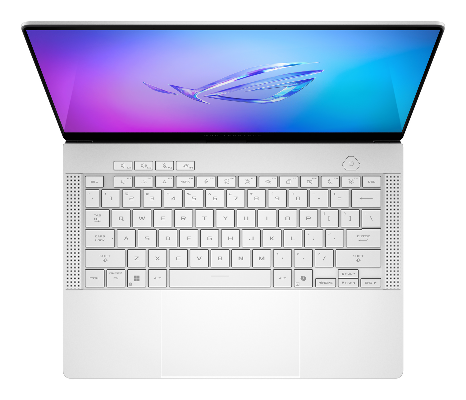 Un portátil blanco abierto con teclado retroiluminado y fondo de pantalla colorido.