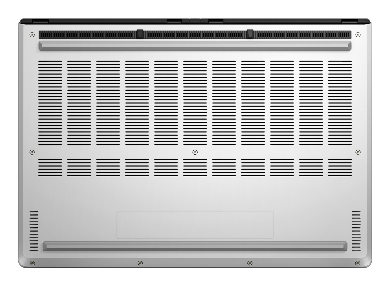 Parte inferior de un portátil con ranuras de ventilación y tornillos.