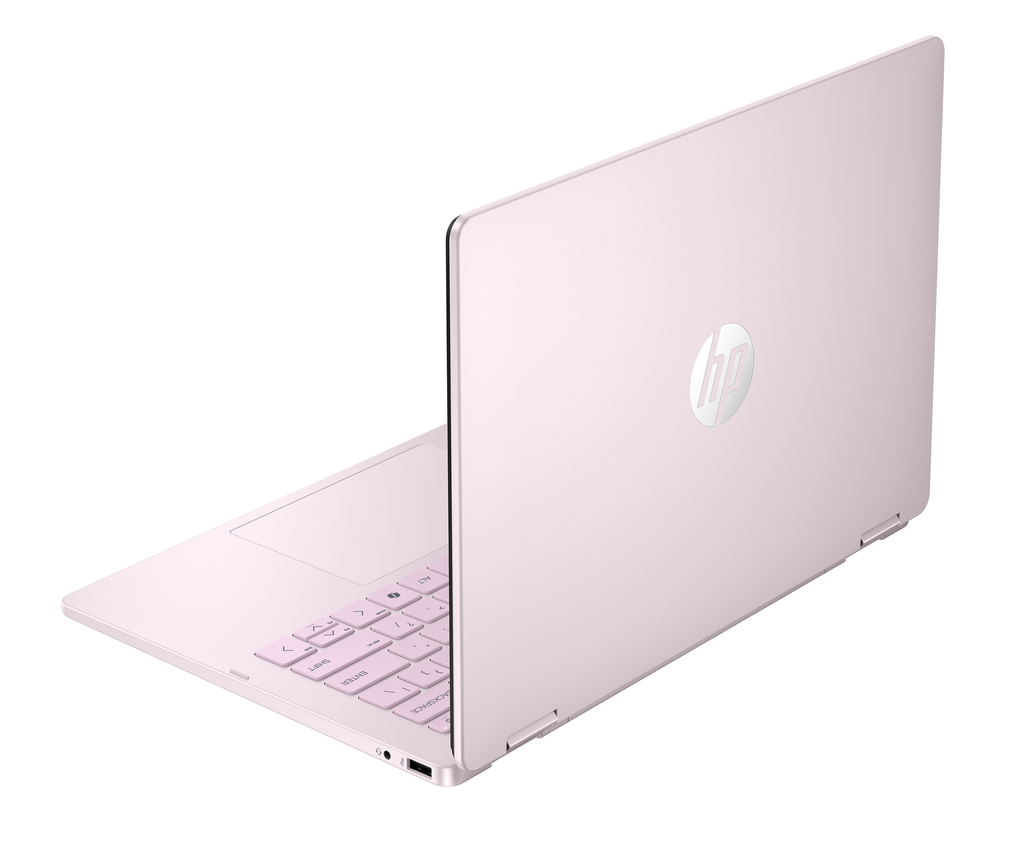 Un ordinateur portable HP rose pâle est ouvert, montrant le clavier et le pavé tactile.