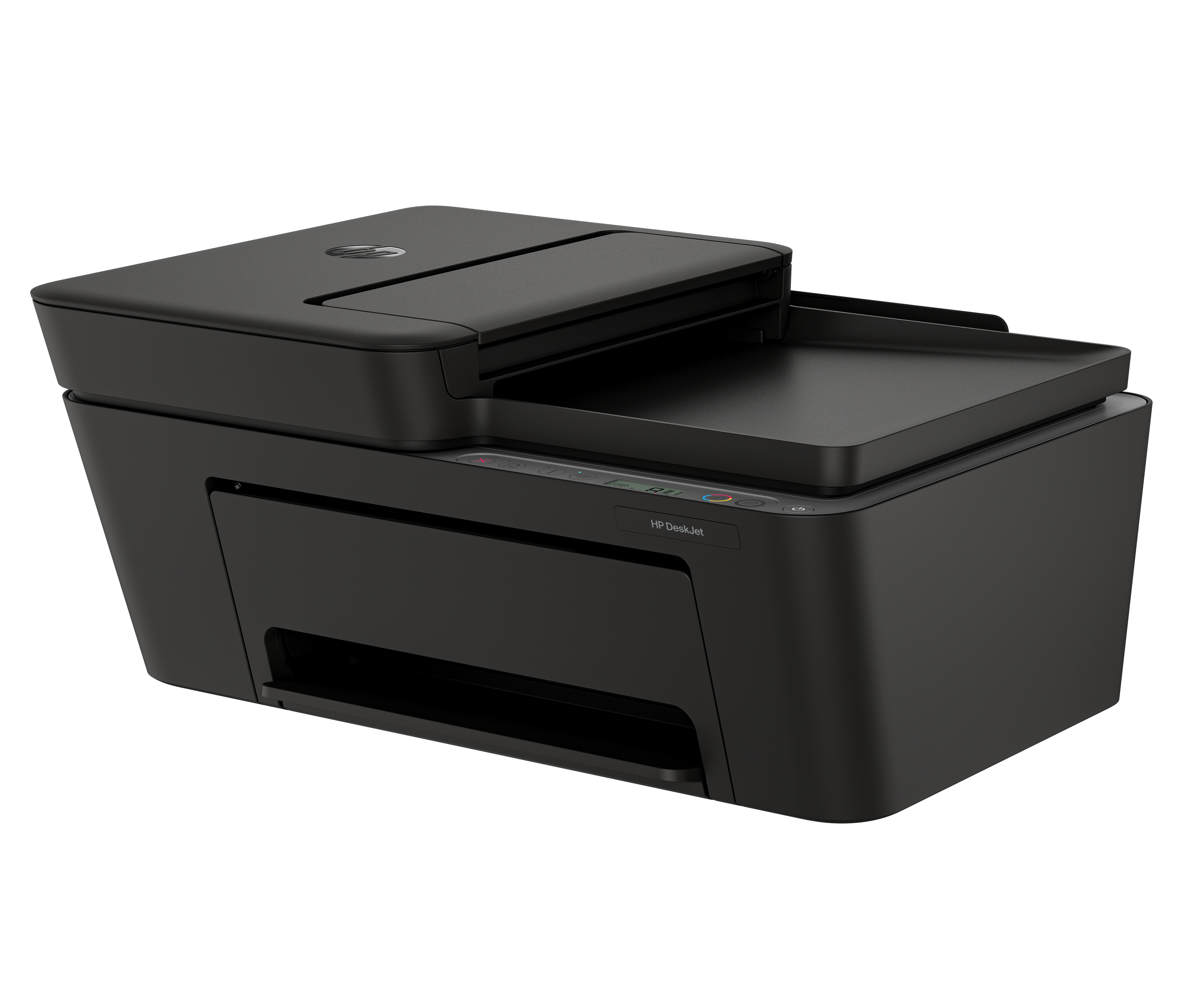 Czarna drukarka HP DeskJet ze skanerem.