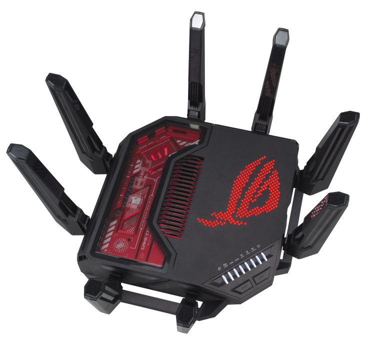 Czarny router gamingowy z czerwonymi światłami i antenami.