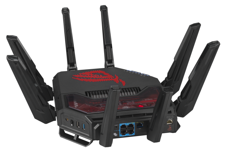 Czarny router z czerwonymi akcentami i wieloma antenami.