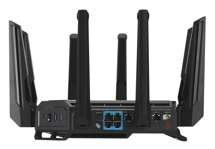 Czarny router z sześcioma antenami, portami USB i portami Ethernet.