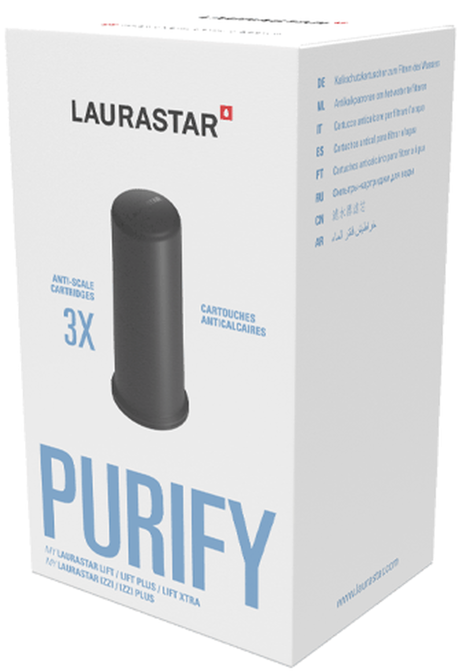 Emballage Laurastar avec un filtre anticalcaire gris et texte.