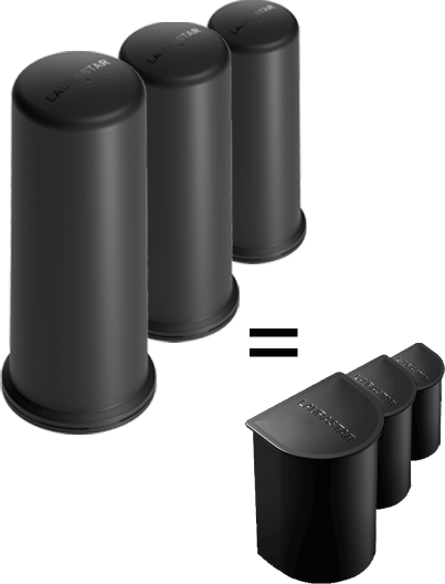 Trois objets cylindriques noirs avec capuchons et un signe égal.