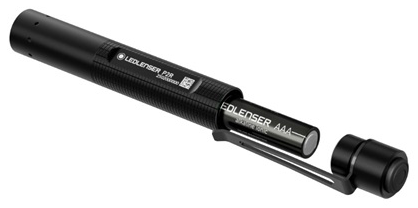 Fekete Ledlenser P2R zseblámpa test kihúzott AAA elemmel.