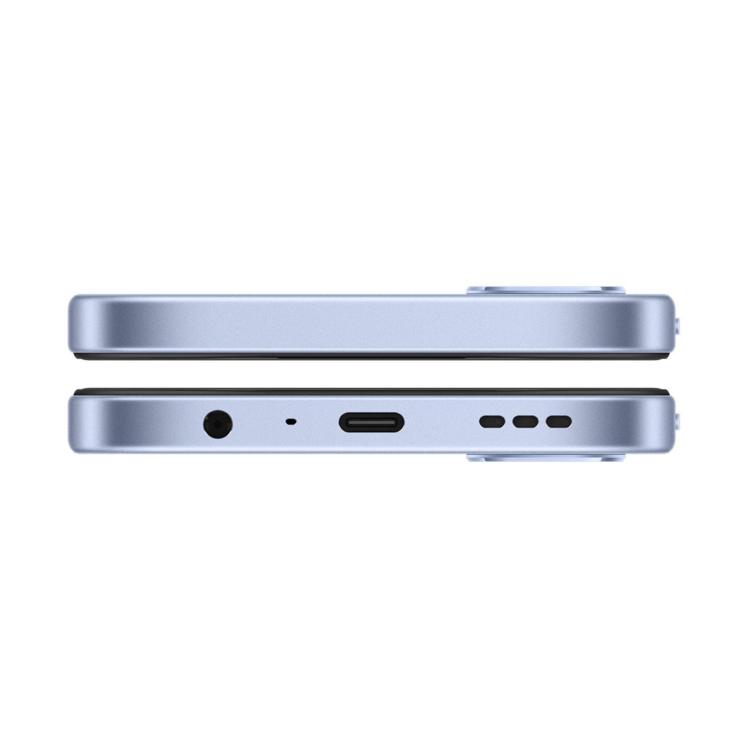 Uno smartphone blu che mostra la porta di ricarica e il jack per le cuffie.