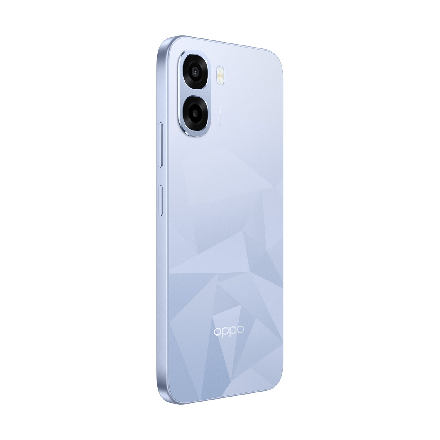 Uno smartphone azzurro con due fotocamere e logo Oppo.