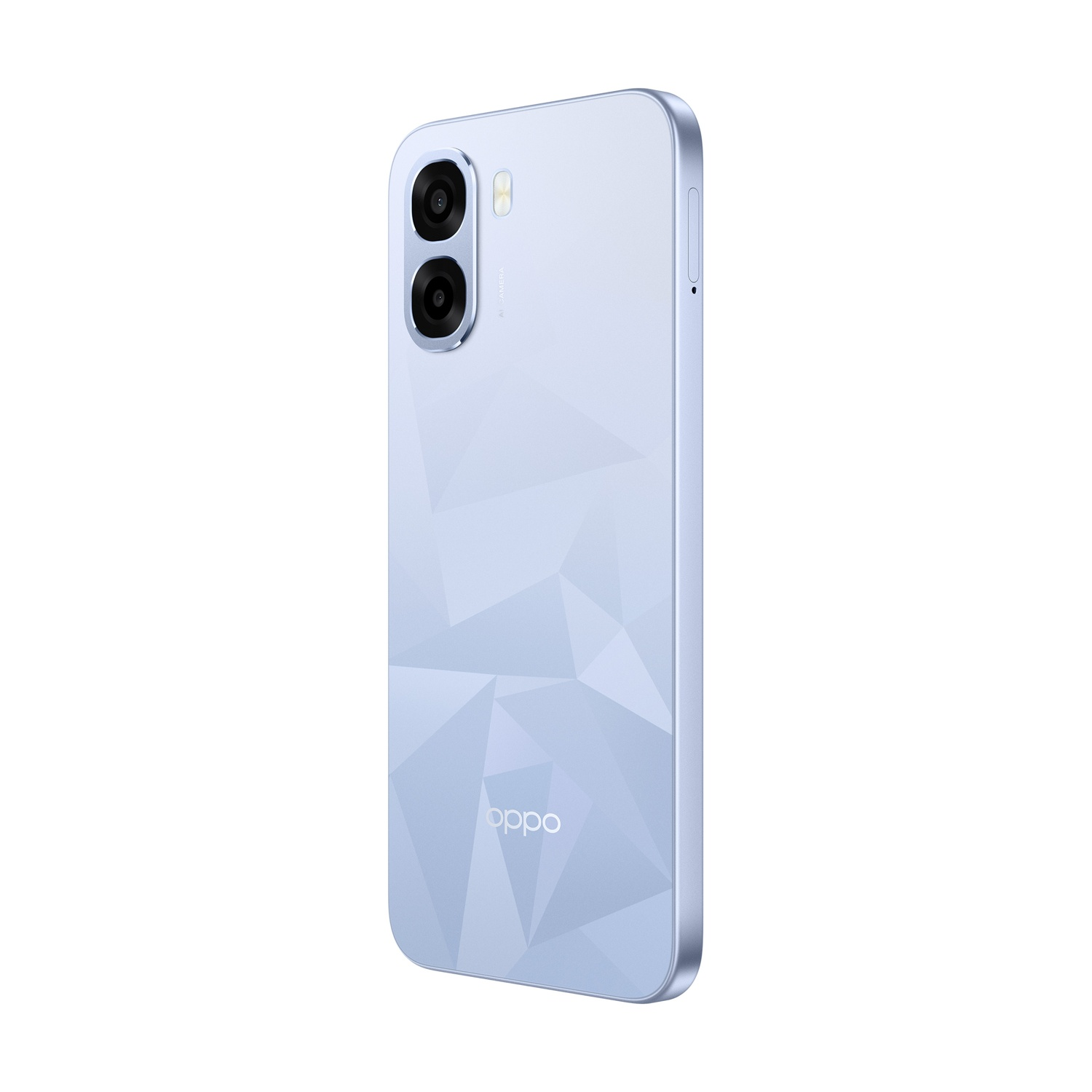 Uno smartphone azzurro con doppia lente e motivo geometrico.