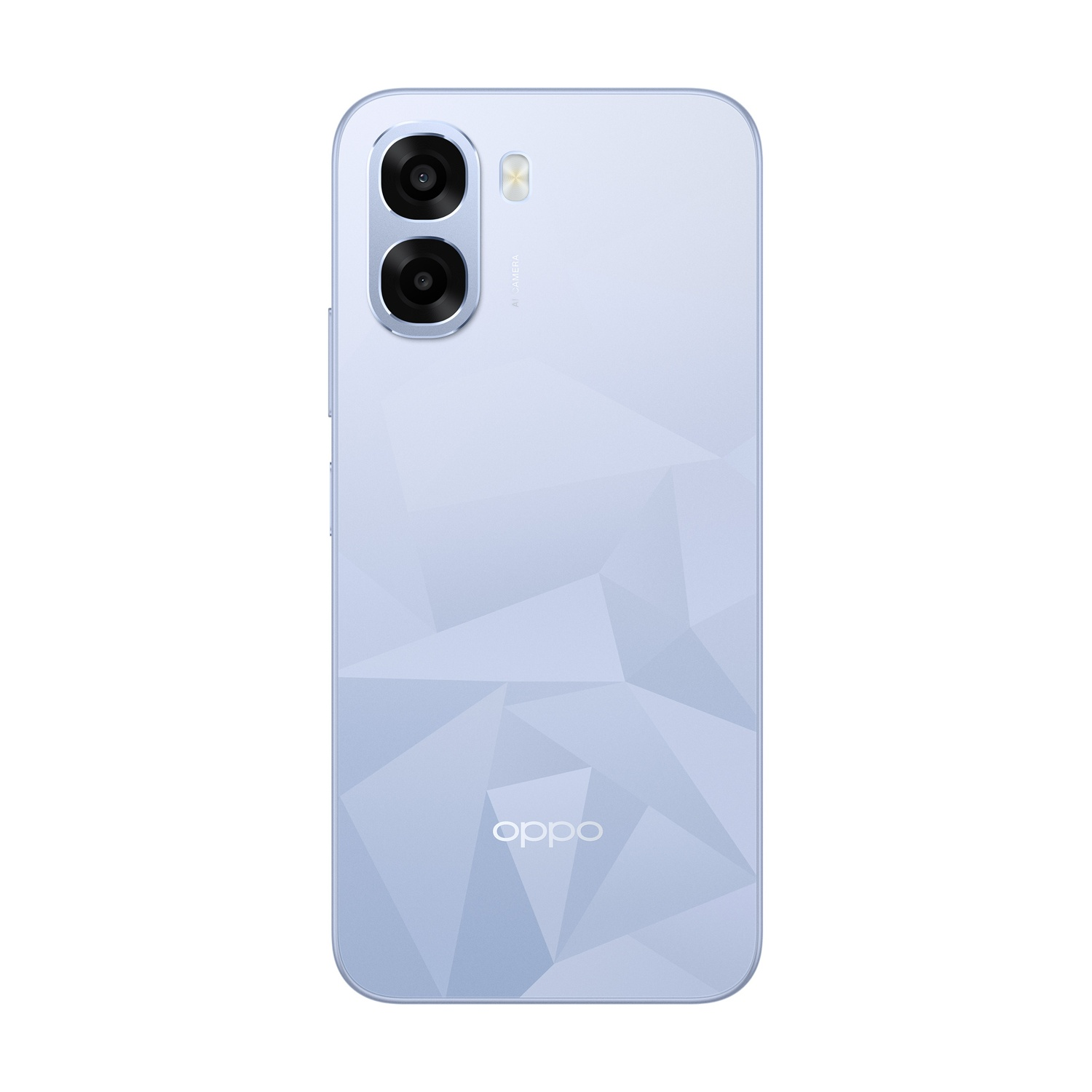 Retro di uno smartphone azzurro con motivo geometrico e due obiettivi.