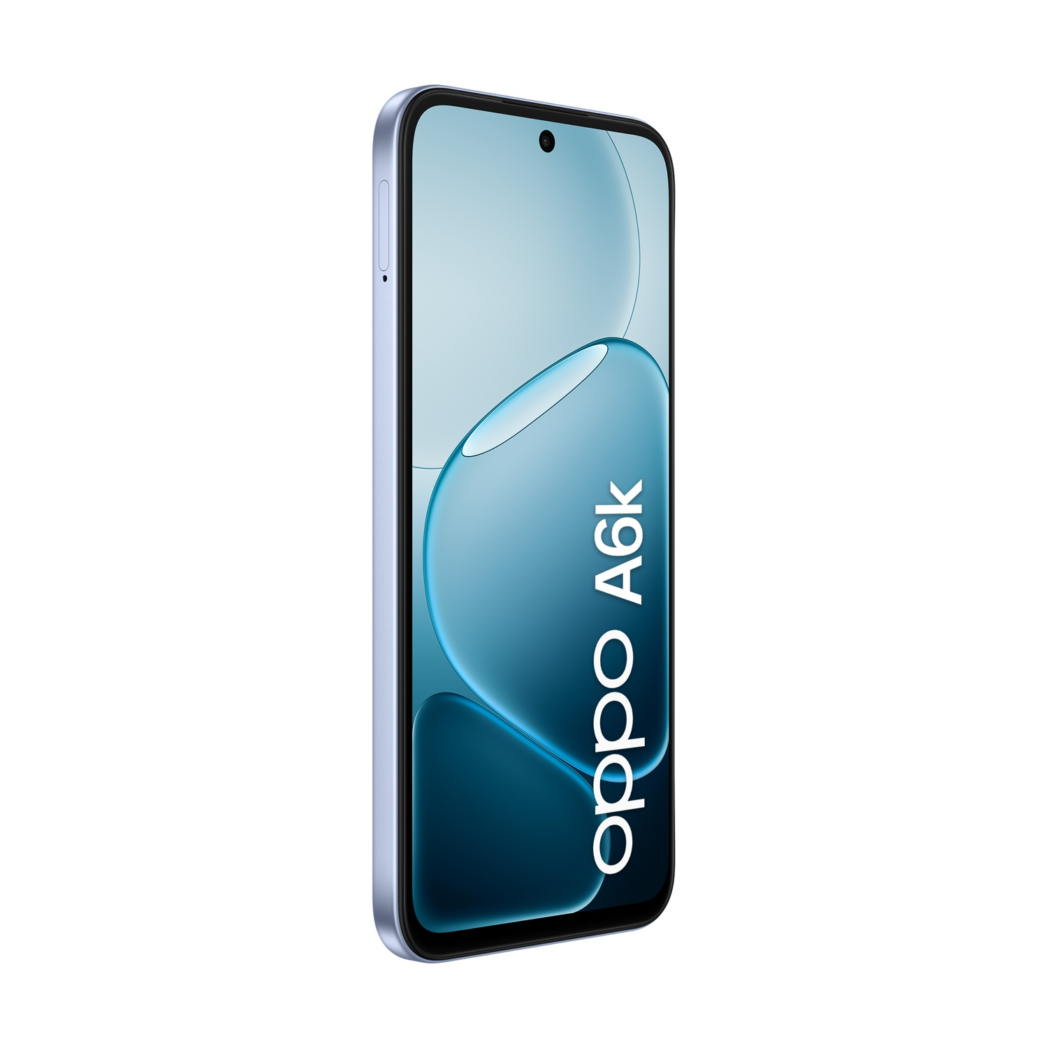 Uno smartphone Oppo A6k azzurro con motivo a onde blu sullo schermo.