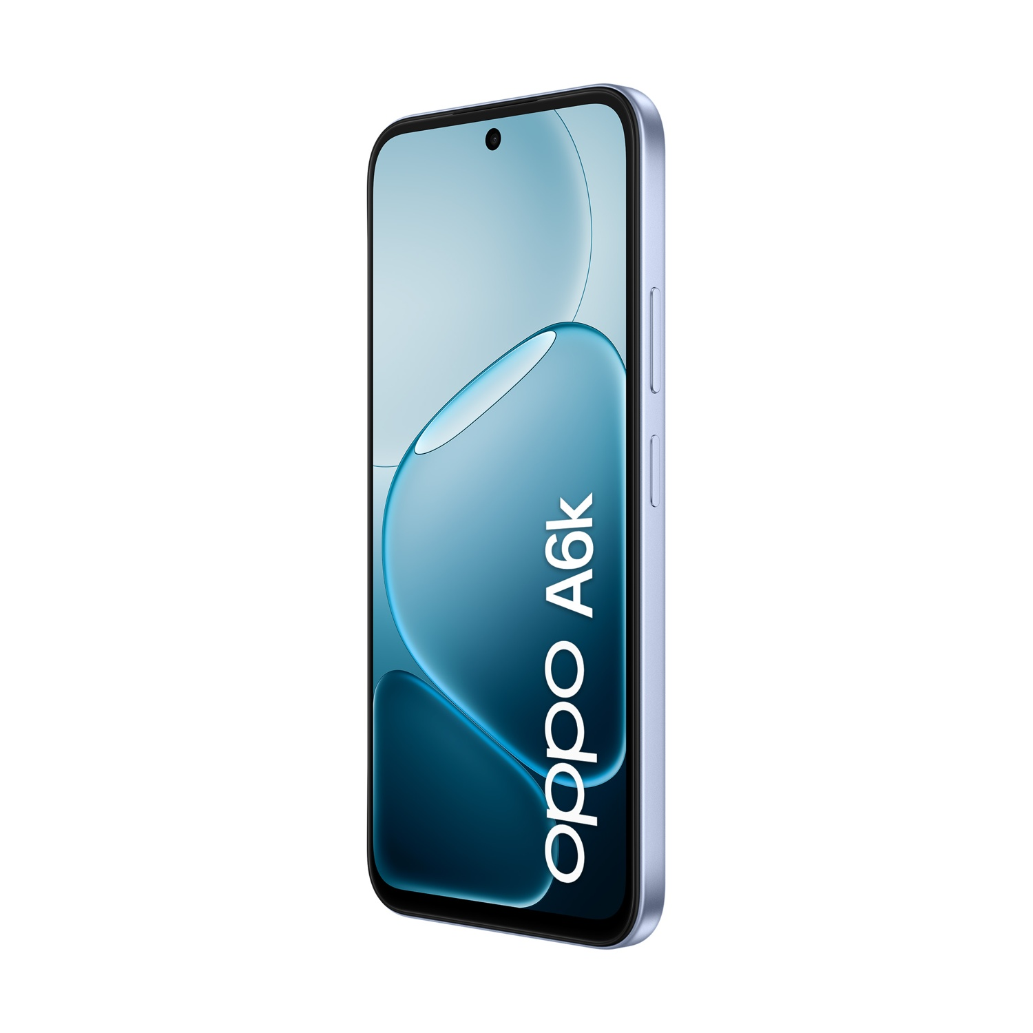 Uno smartphone Oppo A6k azzurro con design a goccia d'acqua simulata sullo schermo.