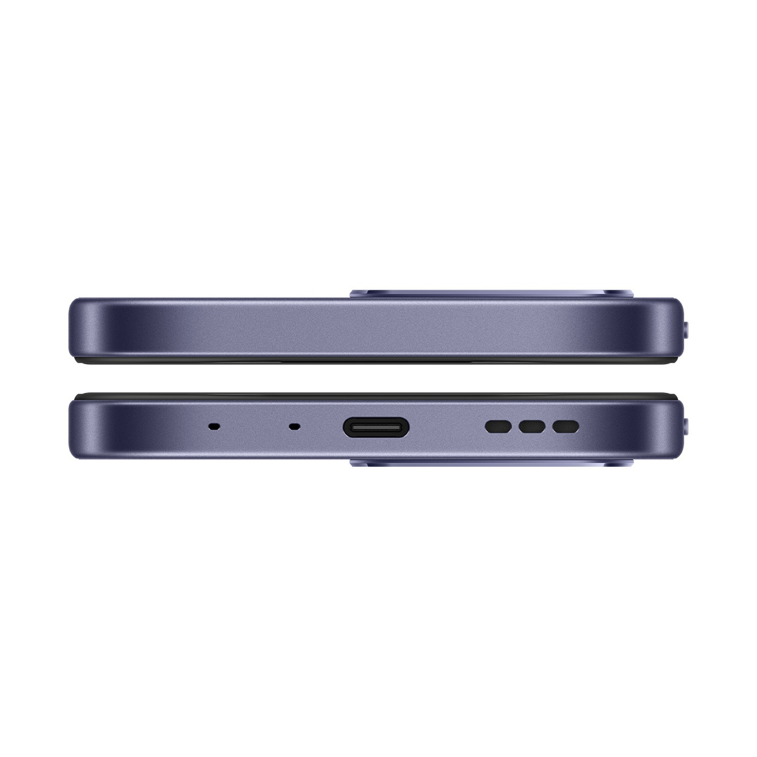 Vista laterale smartphone viola con porta USB-C e griglie.