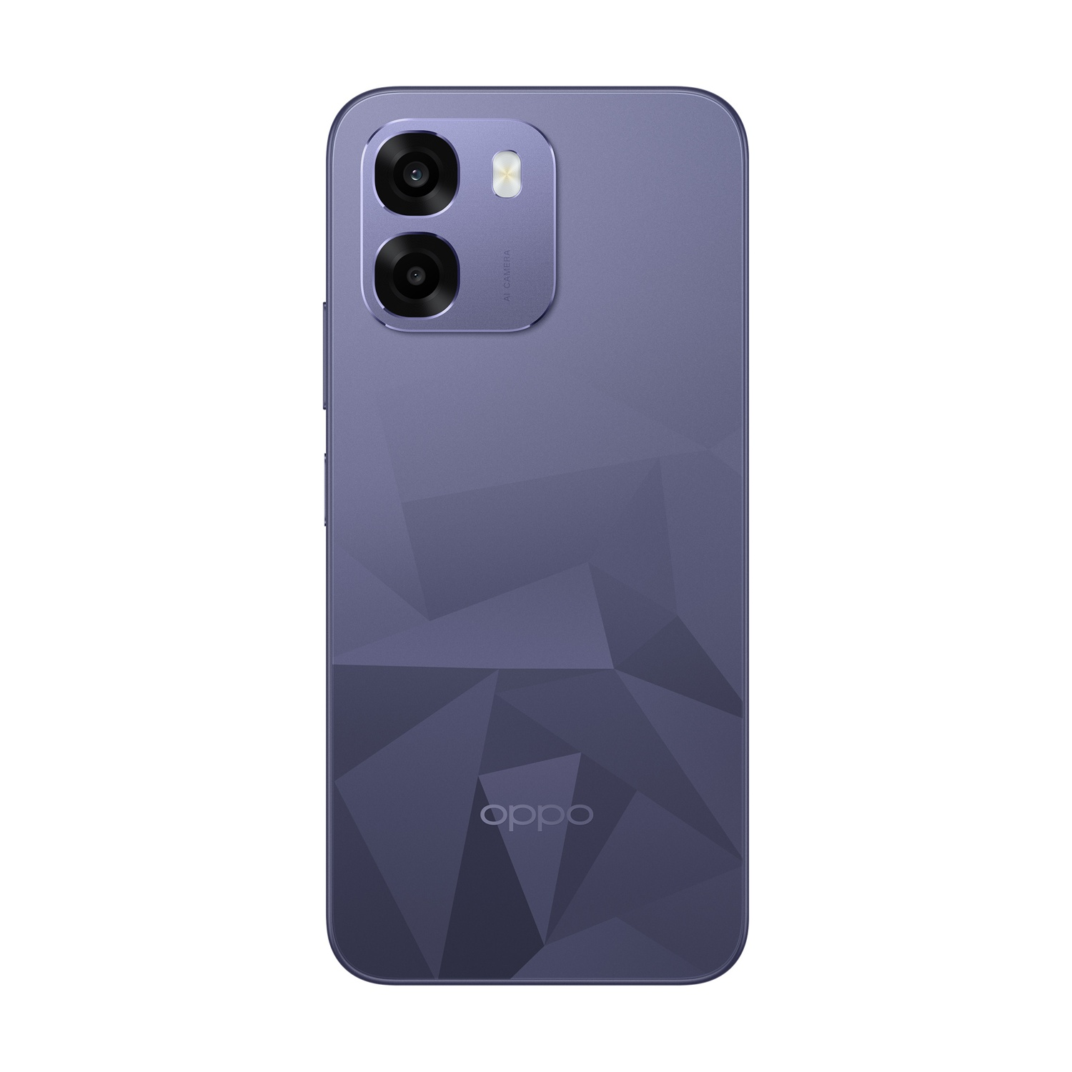 Uno smartphone OPPO viola con motivo geometrico e doppia fotocamera posteriore.