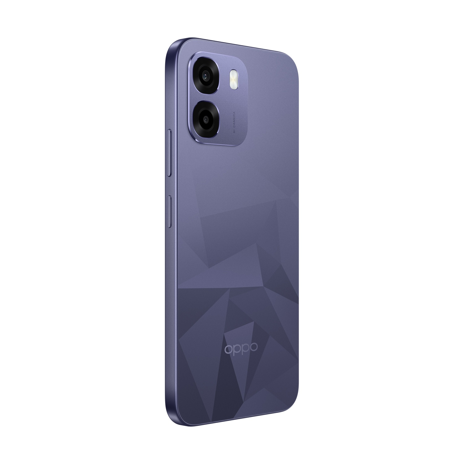 Smartphone Oppo viola con doppia fotocamera e motivo geometrico sul retro.