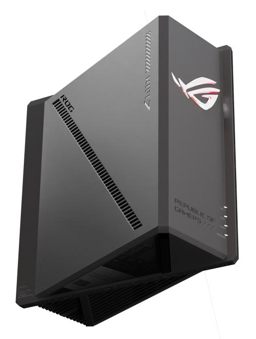 Szary router ASUS ROG WiFi 7 z oświetleniem i otworami wentylacyjnymi.