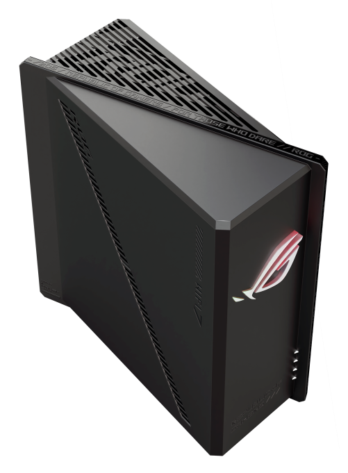 Czarny komputer gamingowy z podświetlanym logo ROG i otworami wentylacyjnymi.