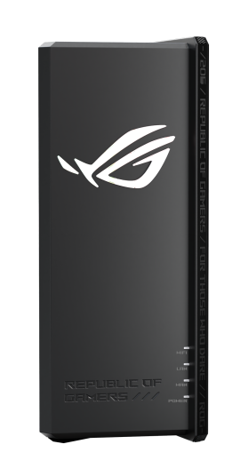 Czarne urządzenie ROG z podświetlanym logo i tekstem.