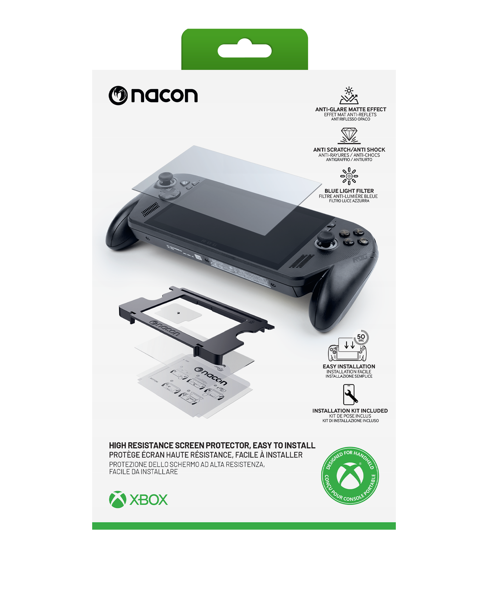 Nacon-Bildschirm-Schutzfolie für ROG-Handheld-Konsole mit Installationskit.