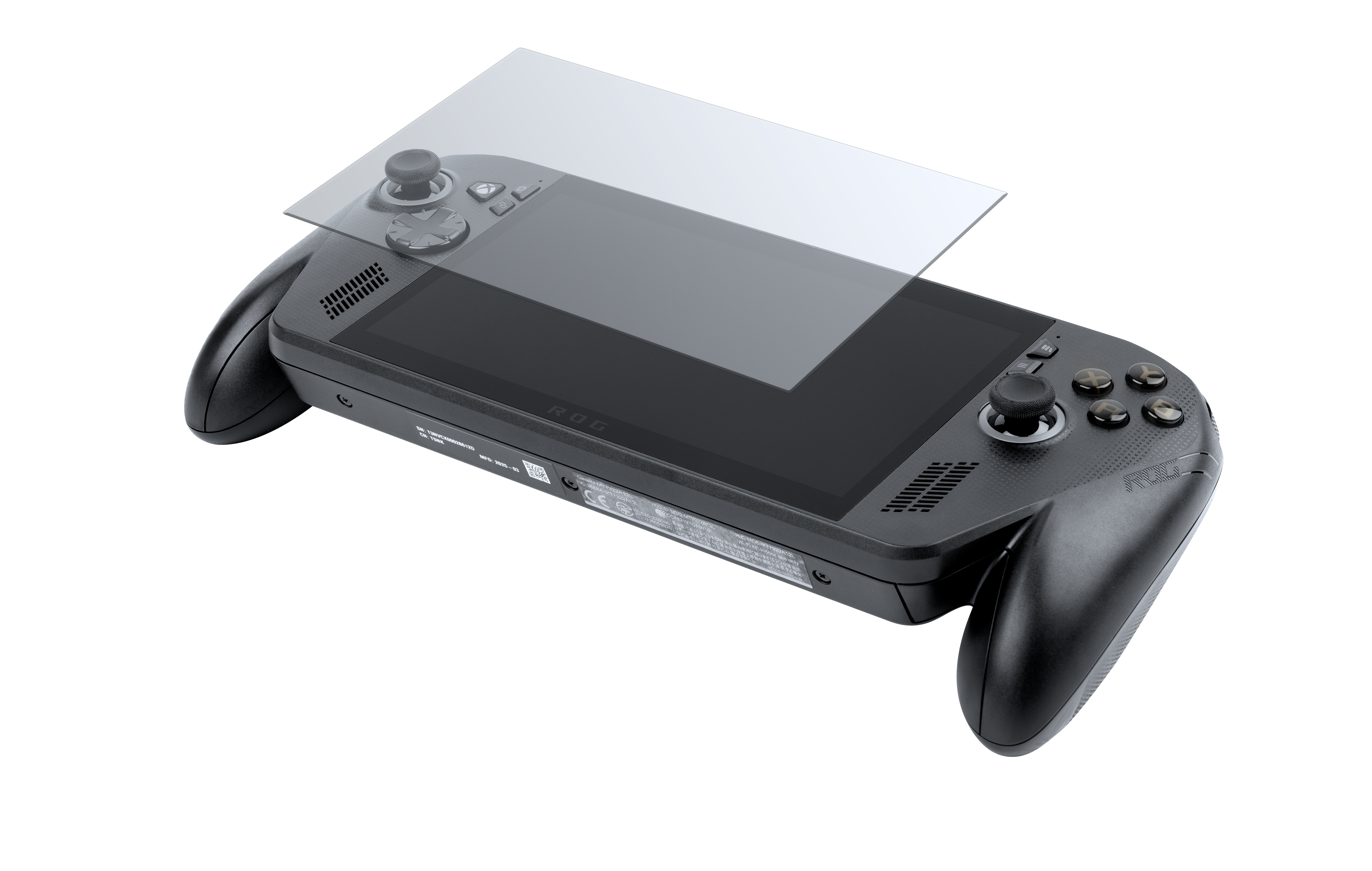 Ein schwarzer Handheld-Gaming-PC mit Joysticks und Knöpfen, mit einer transparenten Schutzfolie.