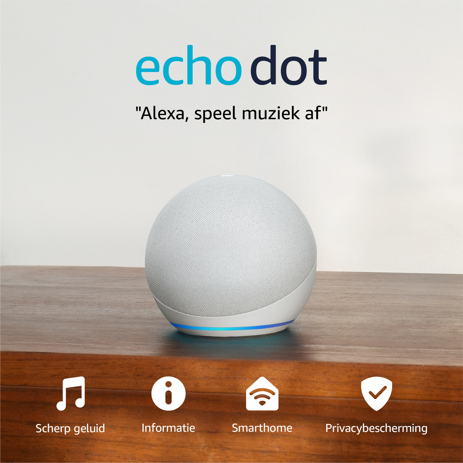 A white Echo Dot with blue lighting on a wooden table.